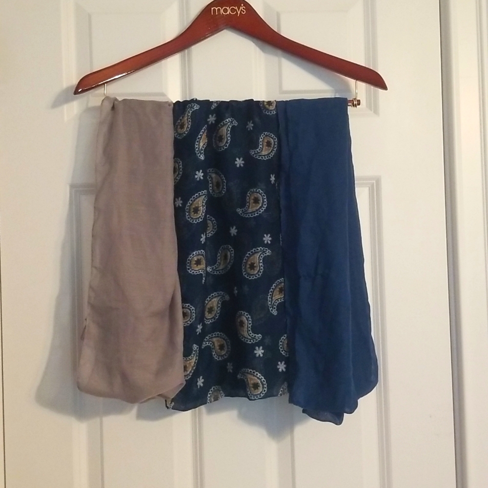 Infinity Scarf Bundle, 3 for $8, Blue Pattern, Blue Solid, Light Gray